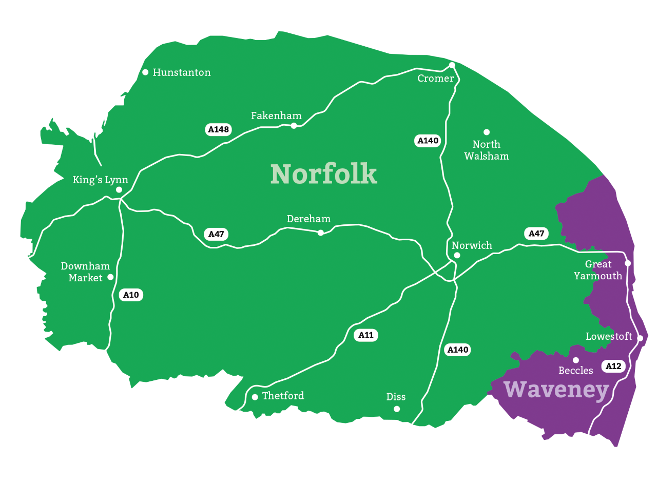 Map of Norfolk and Waveney